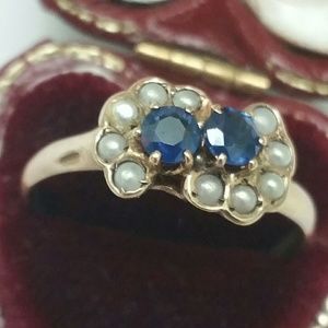 Antique 12k gold genuine sapphires seed pearl ring